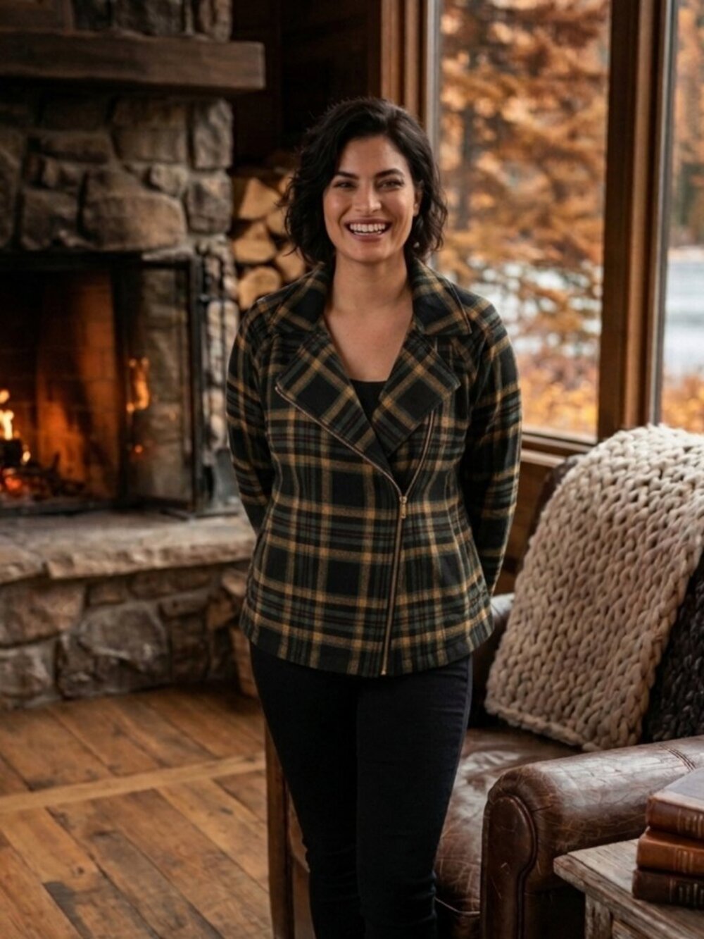 CAbi Moto Plaid Jacket Asymmetric Zip Black Green Mustard Yellow Large Collared